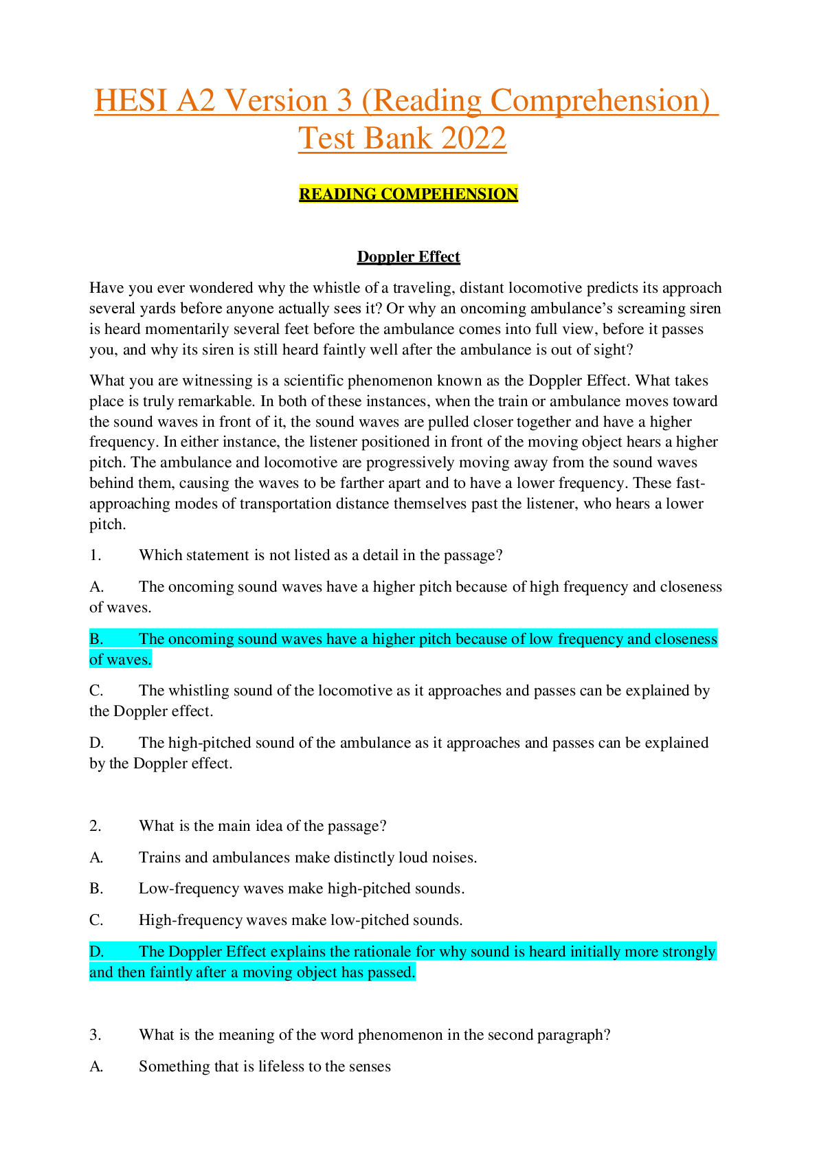 Preview of HESI A2 Version 3 (Reading Comprehension) Test Bank Questions and Verified Answers